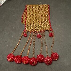 Vintage Handcrafted Beaded Red and Gold Fringe Bracelet